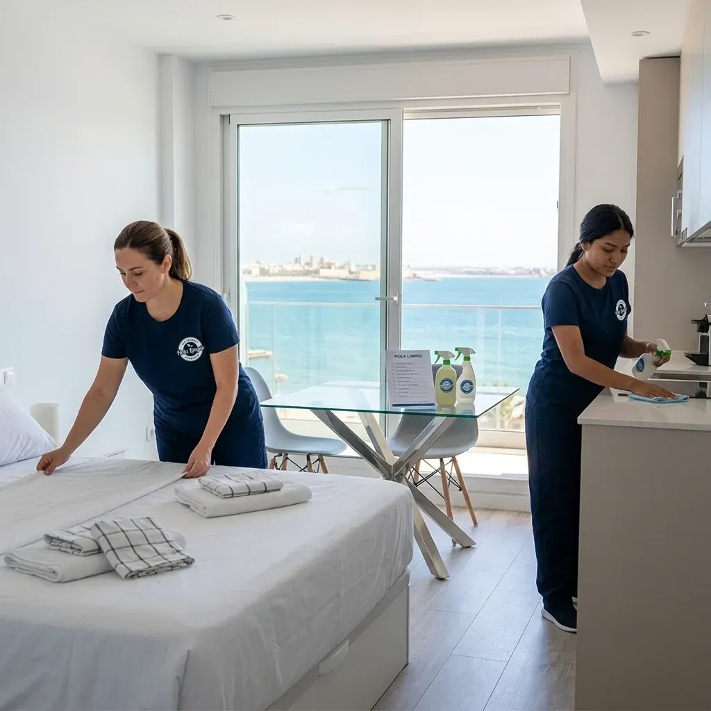 Equipo de Hola Limpio limpiando un apartamento con vistas a la Bahía de Cádiz en El Puerto de Santa María